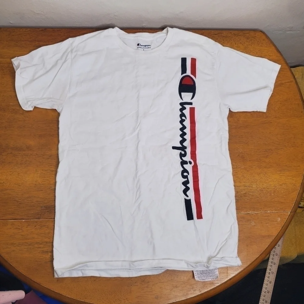 Champion Vertical Logo Short Sleeve T-Shirt White/Blue/Red Men's Small - Picture 3 of 8